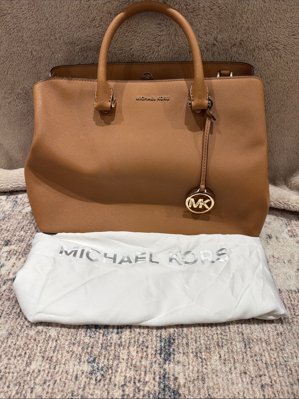 Michael Kors Saffiano Satchel in Camel Brown with Gold MK Charm